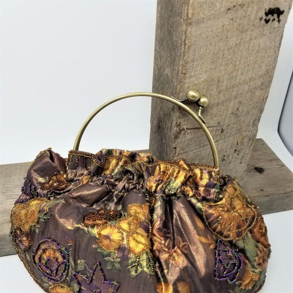 Metalic Beaded Purse 2 Handles Floral - Picture 4 of 9